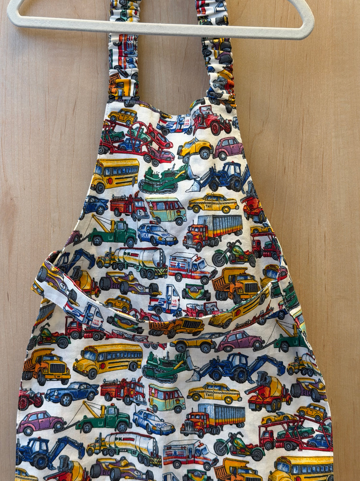 Play Apron with Vintage Cars/Trucks Print and Red Gingham Oven Mitt Set